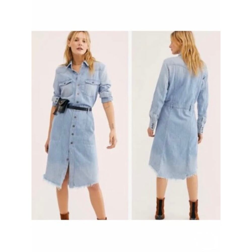 NWT Free People Denim Midi Distressed Light Wash Dress Women's XS Western Casual